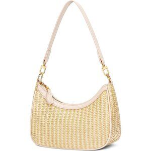 Women's Beige-1 Straw Gold Chain Strap Underarm Zipper Pouch Hobo Purses